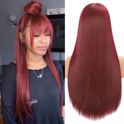 Long Straight Wig with Bangs Natural Black Wigs for Women Fashion Silky Soft Smooth Remy Hair Heat Resistant Fiber Synthetic Wigs Machine Made Glueless Full Wig 24 Inch Regular Everyday Wig
