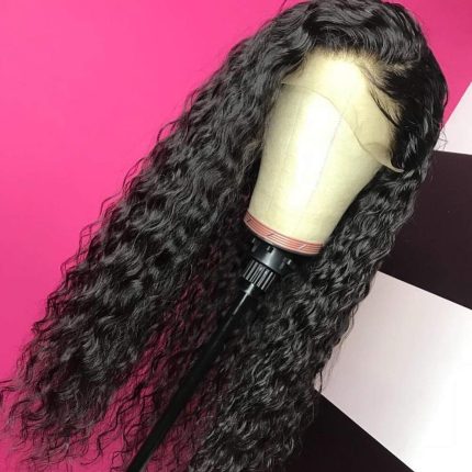GIANNAY Glueless Lace Front Wigs for Black Women Long Curly Wigs with Baby Hair Natural Wave Synthetic Wig Heat Resistant Fiber Hair 180% Density Lace Wigs 26 Inch Black Color
