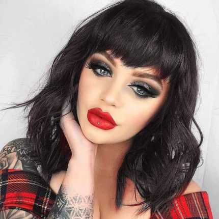 Ucubb Black Mixed Brown Wig for Black Women 14 Inch Short Wavy Hair Wigs Curly Bob Wig with Bangs Wigs Shoulder Length Wigs for Black Women Bob Style Synthetic Heat Resistant Bob Wigs