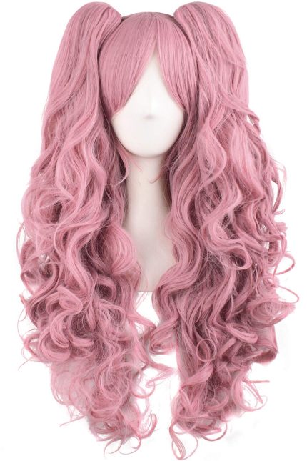 MapofBeauty 28 Inch/70 cm Lolita Long Curly 2 Ponytails Clip on Cosplay Wig (Hot Pink)