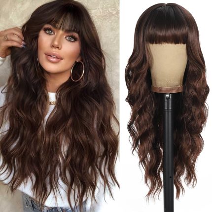 UNNYMGER Blonde Wig with Bangs Long curly wavy Wig for Women Ombre wig with Brown root skin-friendly synthetic fiber for festival holiday Use 26IN