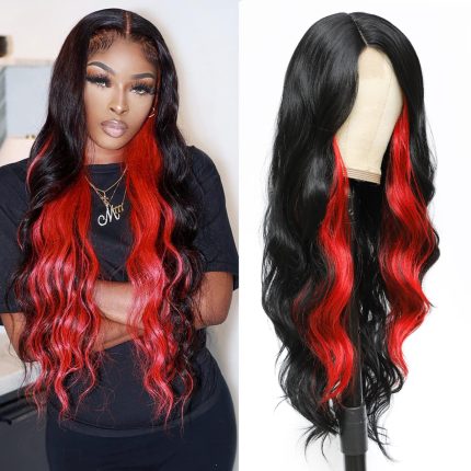 xccoco Long Wavy Wigs for Women Black Highlighted Wig Body Wave Synthetic Lace Wig 28inch Black Wig with Blonde Streaks Highlight Wig Heat Resistant Curly Wavy Side Part Wig