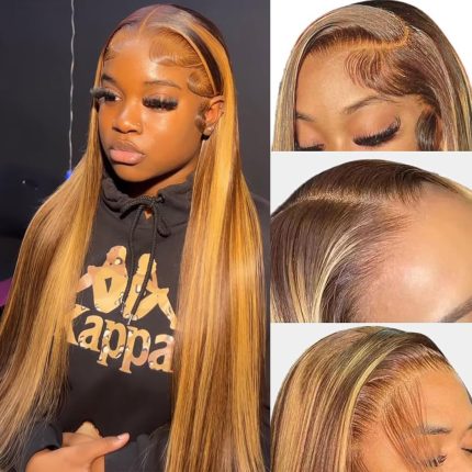 NARNI 30 Inch Honey Blonde Ombre Lace Front Wig Human Hair 180% Density 13x4 Highlight Lace Front Wigs Human Hair Pre Plucked 4/27 Straight HD Lace Frontal Wig Human Hair for Women with Baby Hair