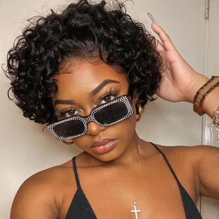 Pixie Cut Wig Short Lace Bob Curly Wig Water Wave Lace Front Human Hair Wig 13X1 HD Lace Wig For Black Women 6 Inches(1B#)