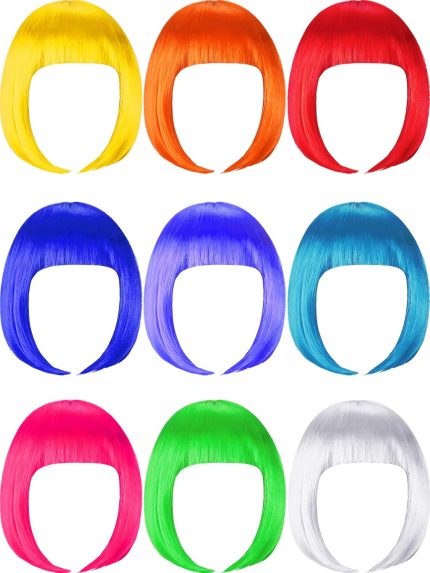 9 Pieces Short Bob Hair Wigs Multicolored Cosplay Costume Wig Daily Party Hairpiece for Women Girls (Orange, Green, Violet, White, Blue, Pink, Red, Yellow, Sky Blue)