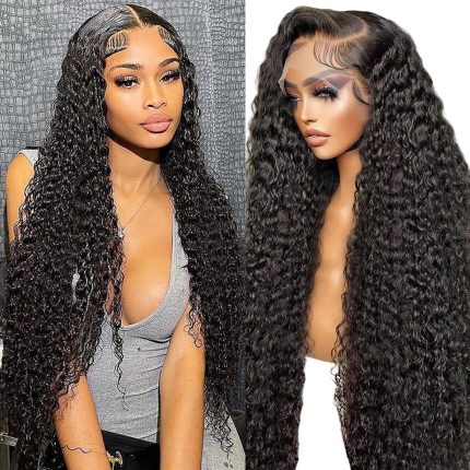 JTMMP 13x6 Deep Wave Lace Front Wigs Human Hair 200% Density 26 Inch Curly Human Hair Wig for Women Natural Black HD Transparent Lace Glueless Frontal Wigs Human Hair Pre Plucked with Baby Hair